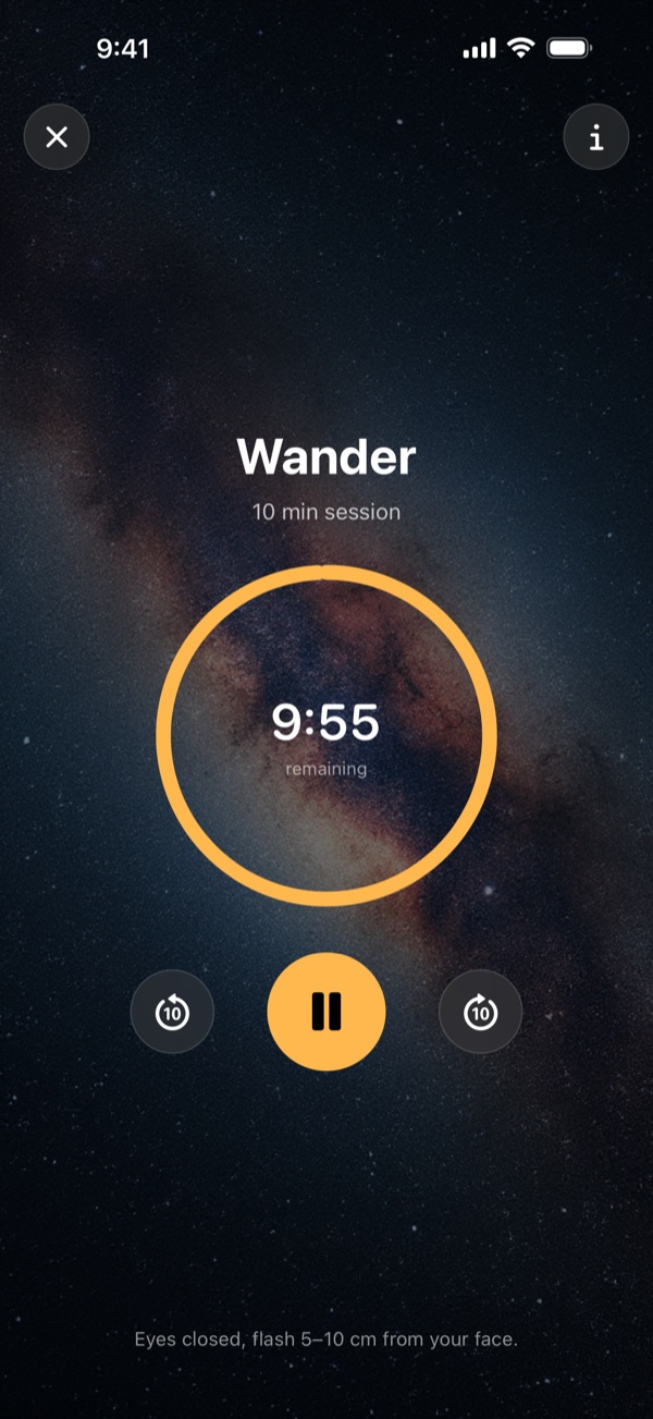 The Auralis player during Wander, a ten-minute session, counting down inside an amber ring