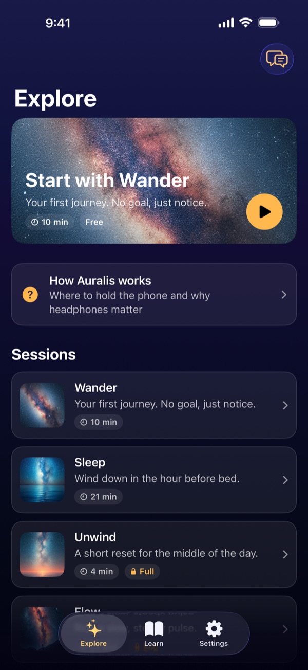 The Explore screen: start with Wander, then the list of sessions with their lengths