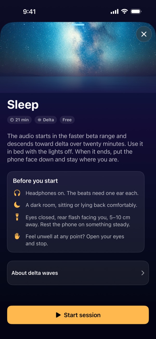 The Sleep session page, with a before-you-start checklist