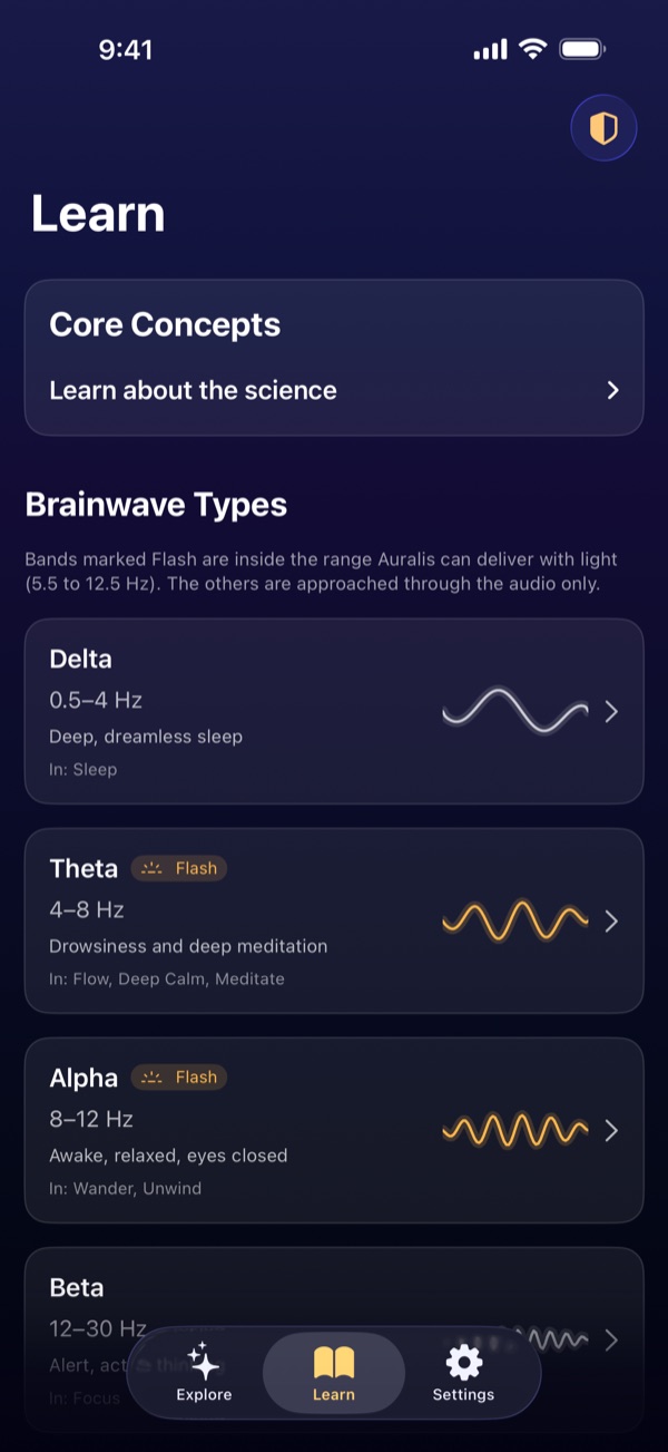 The Learn tab, listing each brainwave band and which ones the flash itself can reach